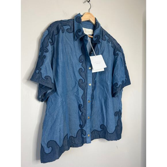 NWT Carolina K Pina Embroidered Denim Boxy Fit Short-Sleeve Shirt Blue Size: L - Picture 3 of 8